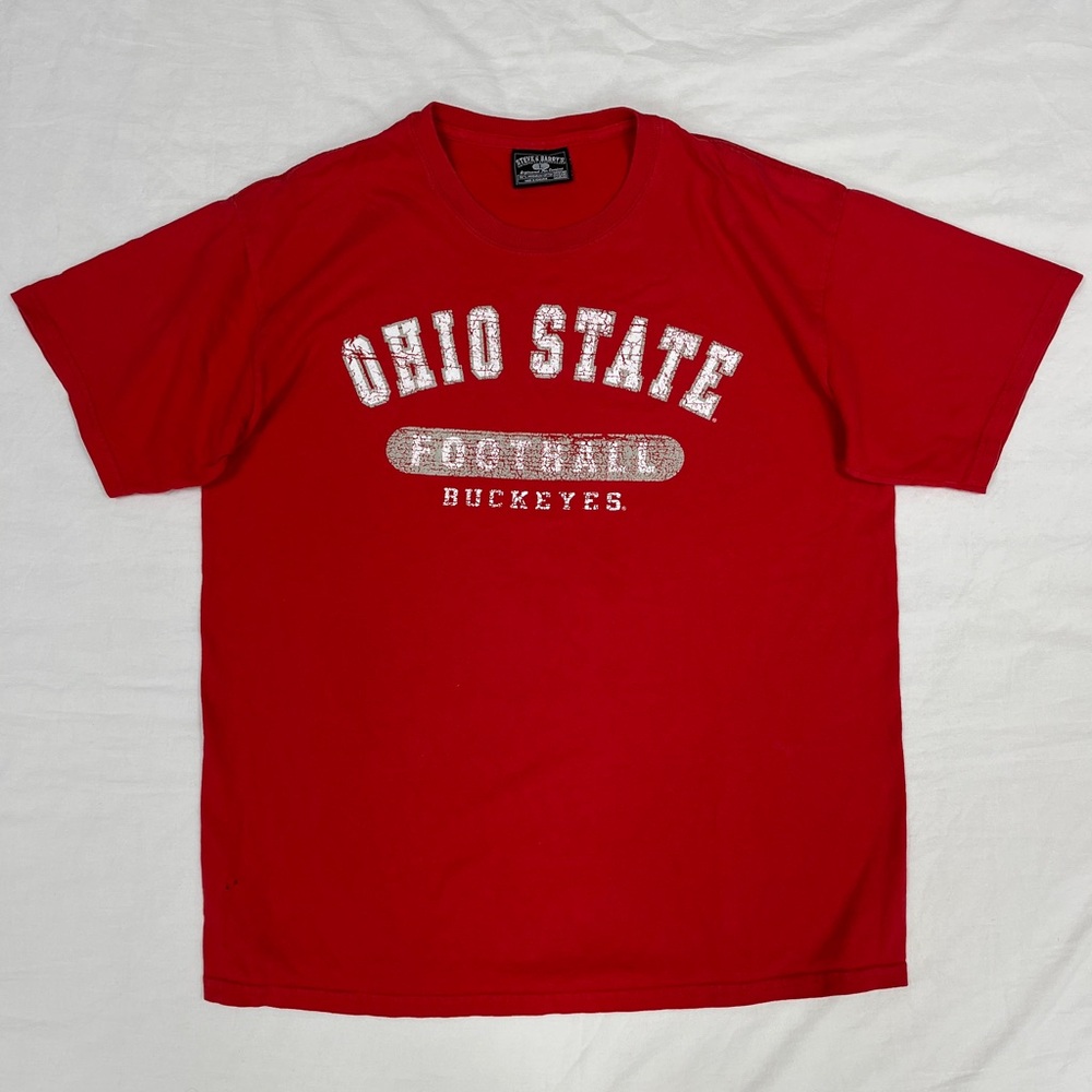 Vintage Ohio State Buckeyes Football Shirt Short Sleeve Red White Distressed